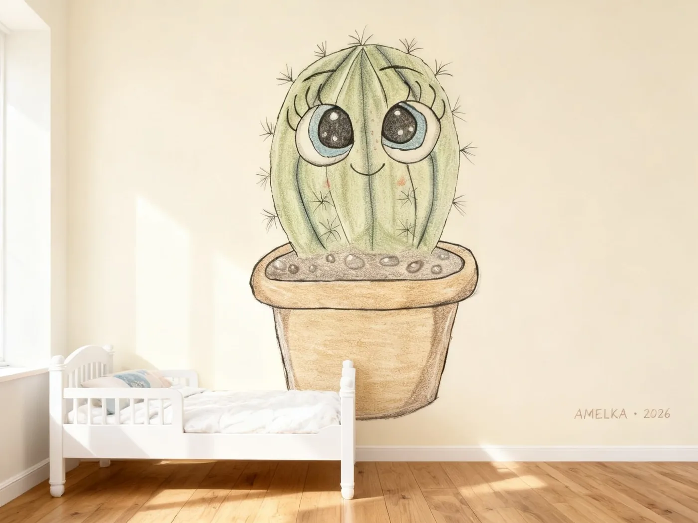 Mural z rysunku dziecka z metryczką imienia i roku w rogu ściany