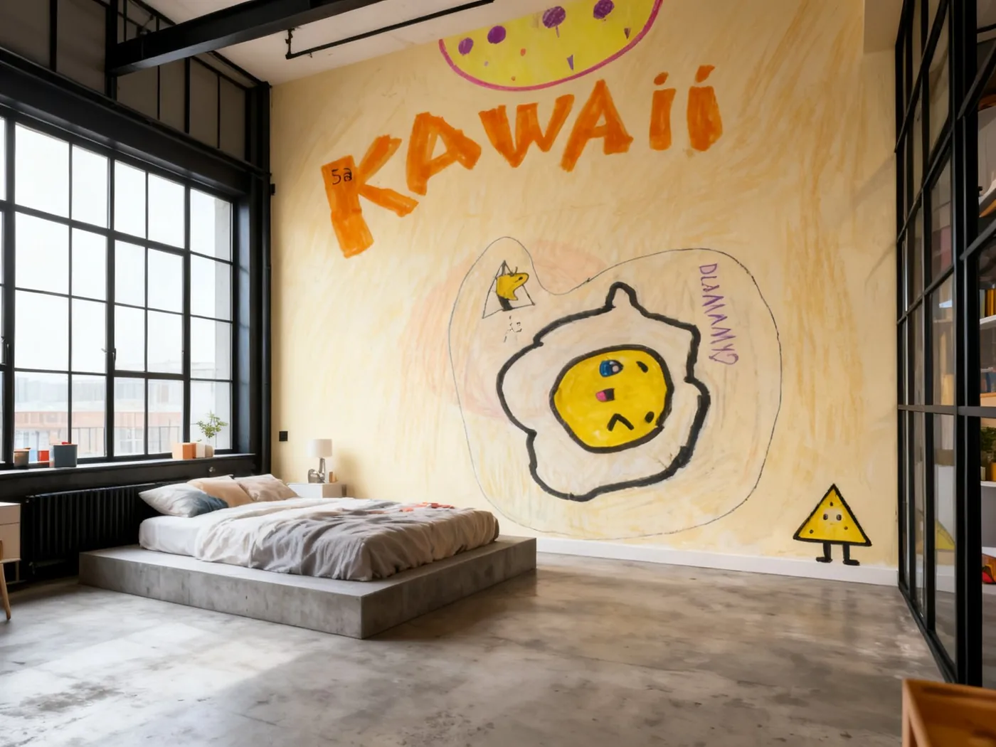 Rysunek w stylu kawaii jako tapeta w pokoju loftowym
