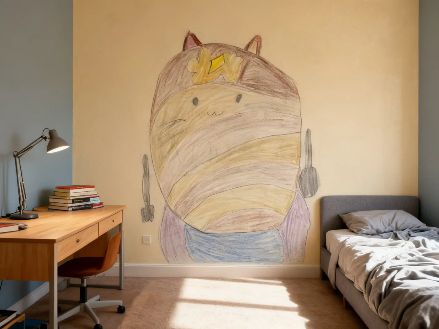 Rysunek kota kredkami jako tapeta w pokoju nastolatka