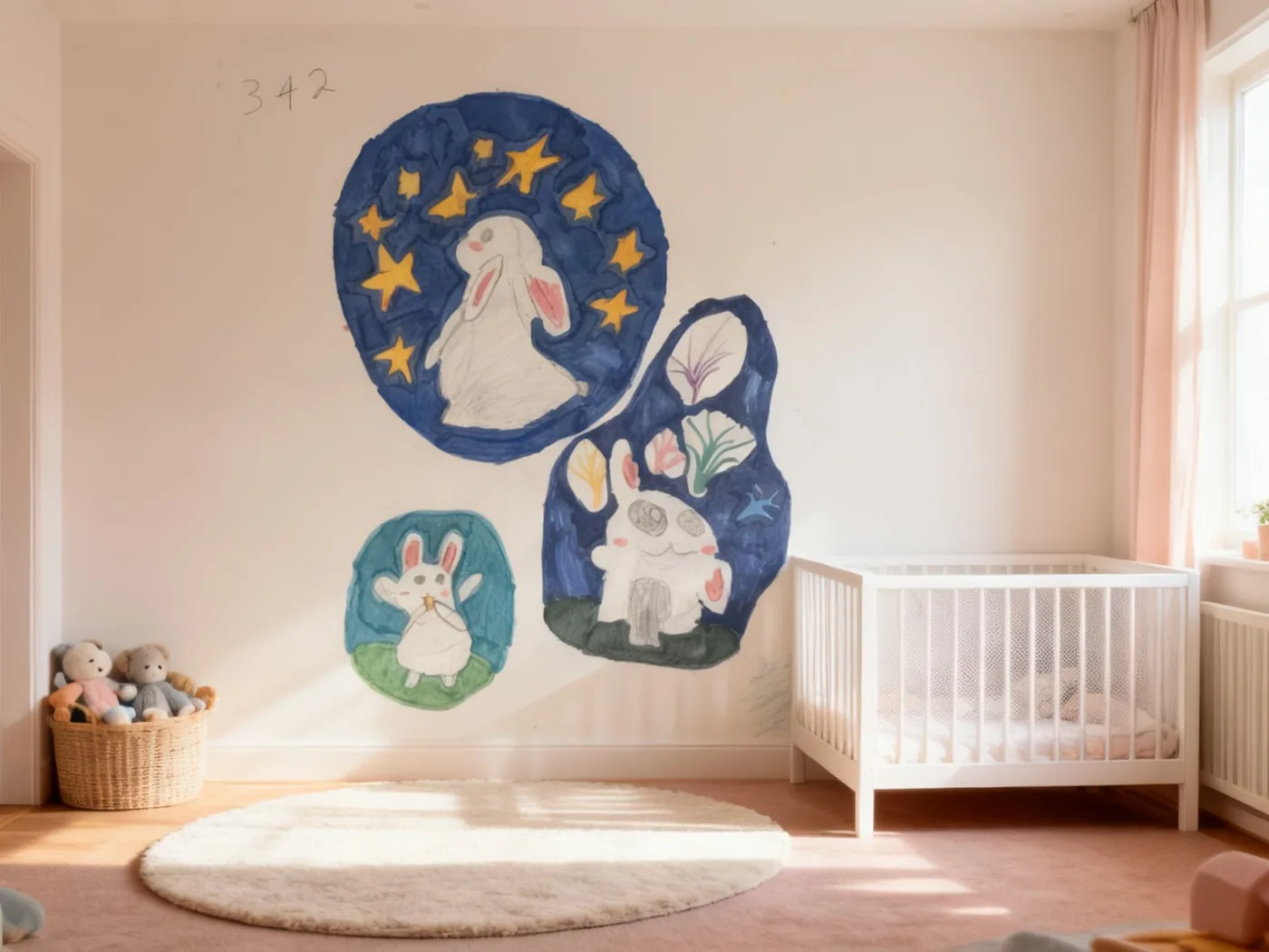 Rysunek nocnego nieba z królikami jako tapeta w pokoju niemowlaka