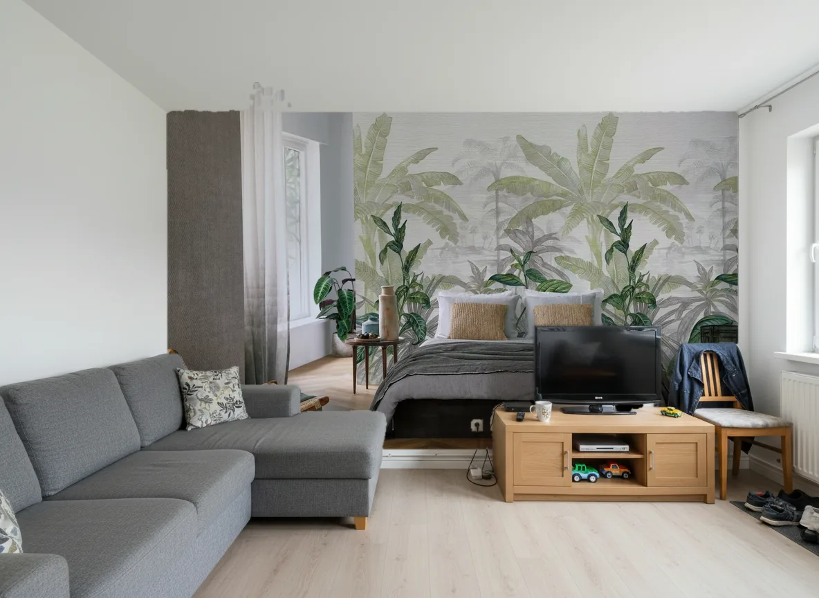 Olea — Salon w bloku — ściana za sofą