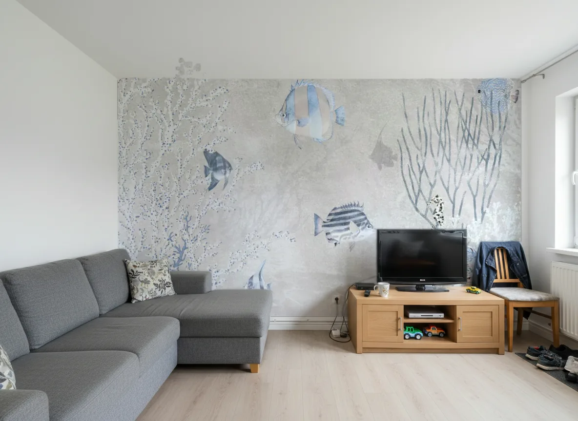 Nerissa — Salon w bloku — ściana za sofą