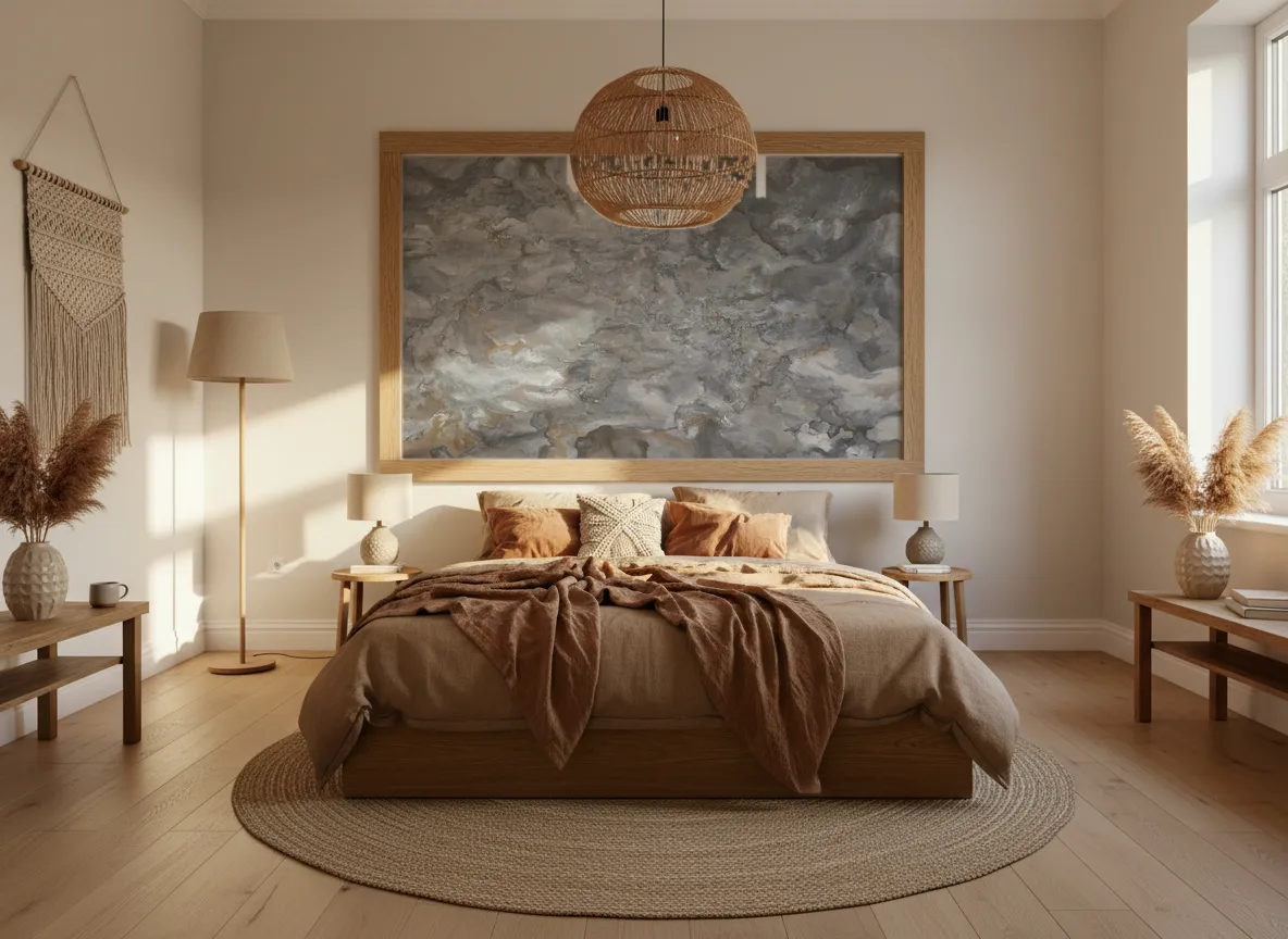 Pure Mineral — Sypialnia boho — pole w dębowej ramie