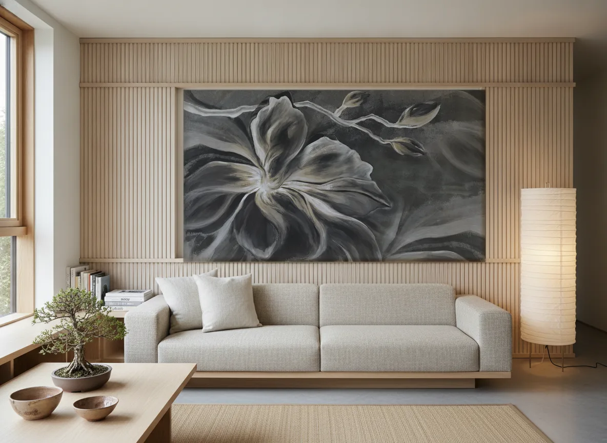 Flower Eye — Japandi — pole w jesionowych lamelach