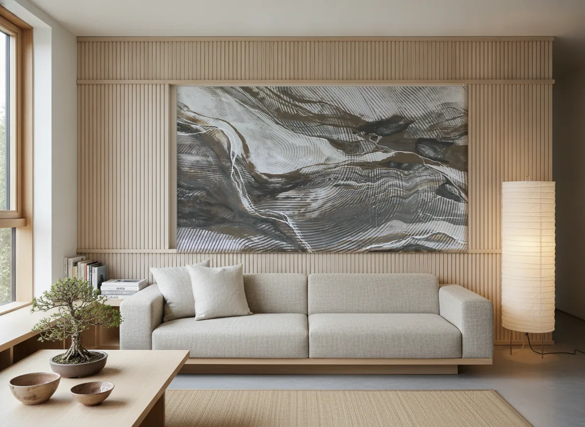 Wave Lines — Japandi — pole w jesionowych lamelach