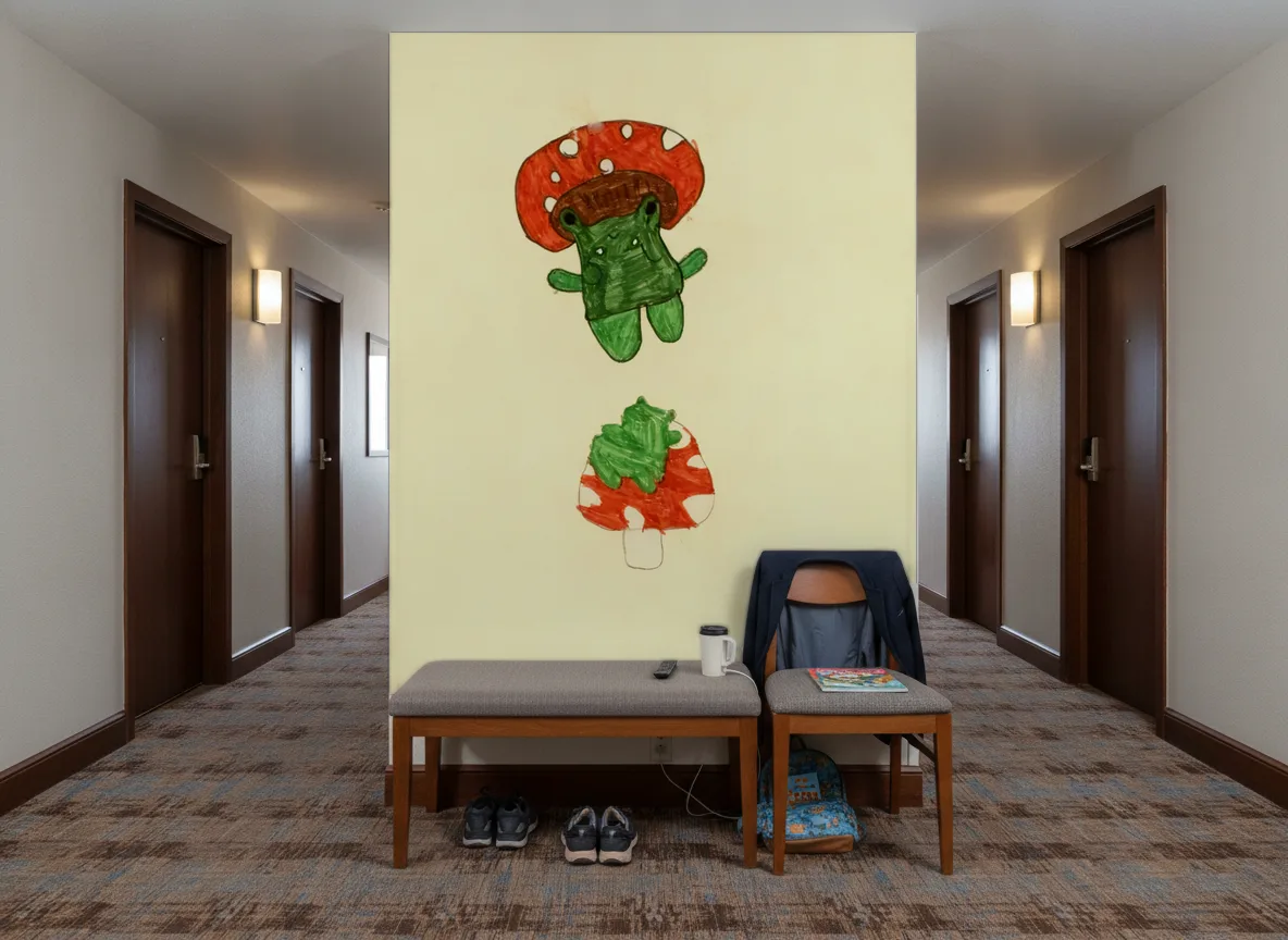 Potworki w muchomorach — Korytarz hotelowy — ściana na końcu