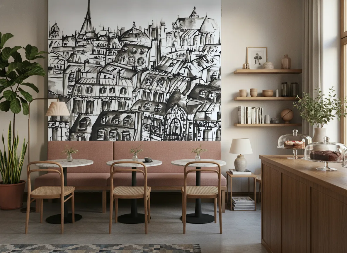 GRANDS BOULEVARDS Panoramas — Kawiarnia z różową ławą
