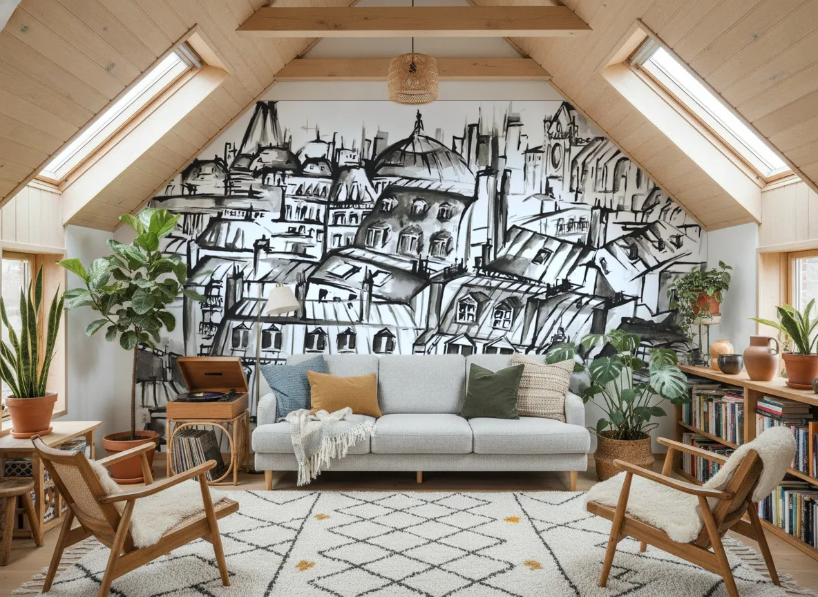 GRANDS BOULEVARDS Panoramas — Salon na poddaszu — ściana szczytowa