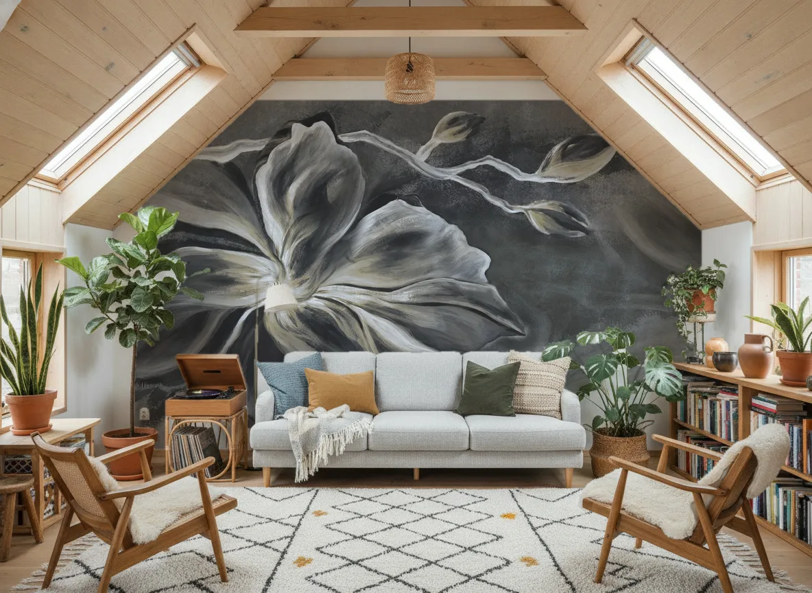 Flower Eye — Salon na poddaszu — ściana szczytowa