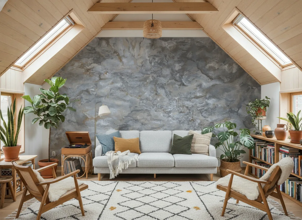 Pure Mineral — Salon na poddaszu — ściana szczytowa