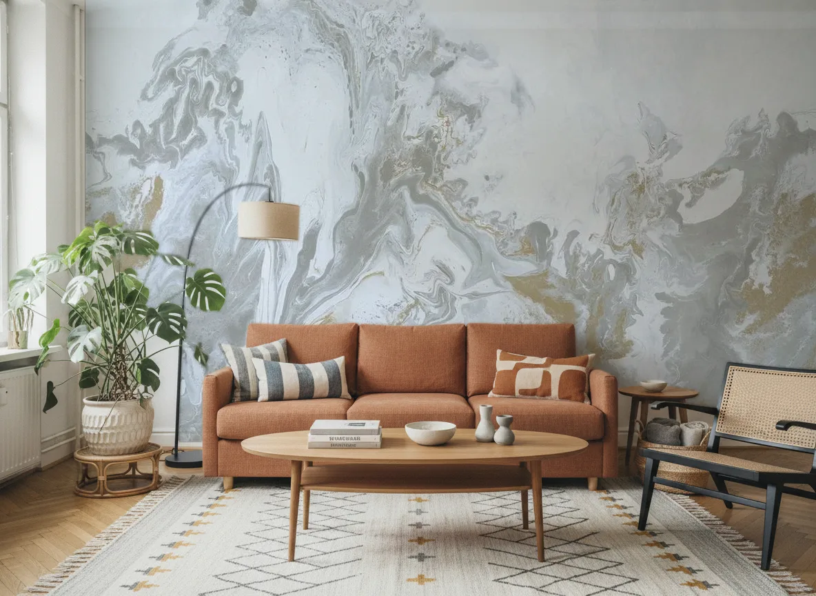 Calacatta — Salon z terakotową sofą
