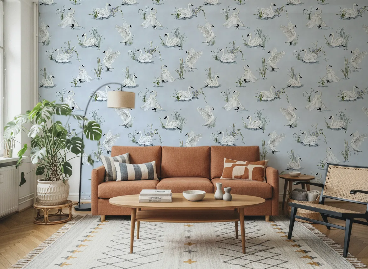 Svan — Salon z terakotową sofą