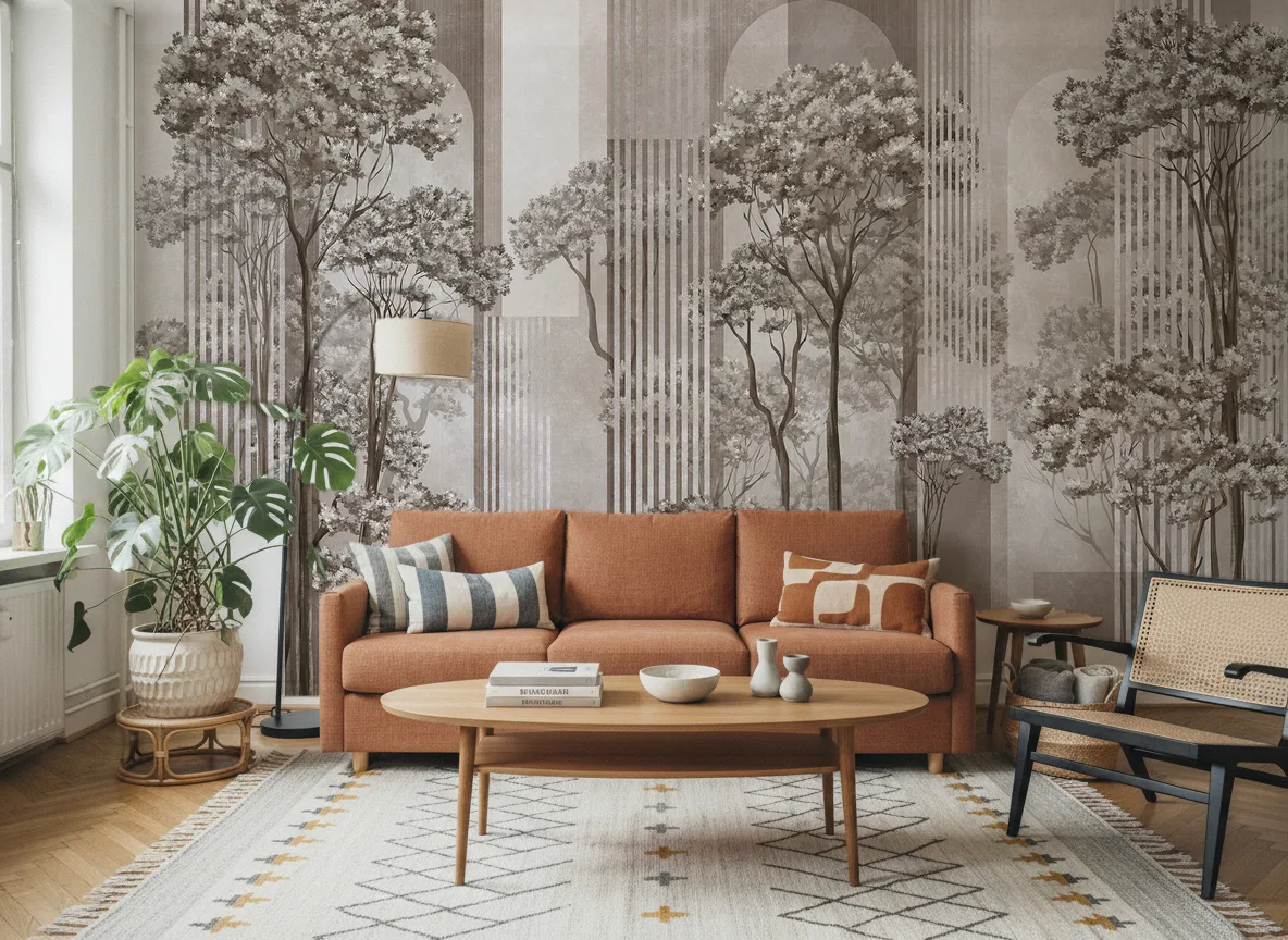 Woodline — Salon z terakotową sofą