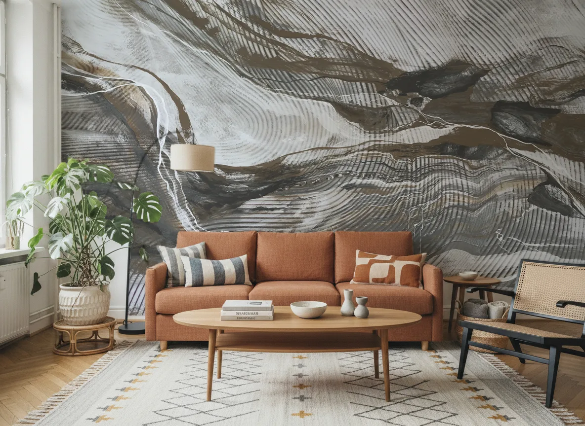 Wave Lines — Salon z terakotową sofą