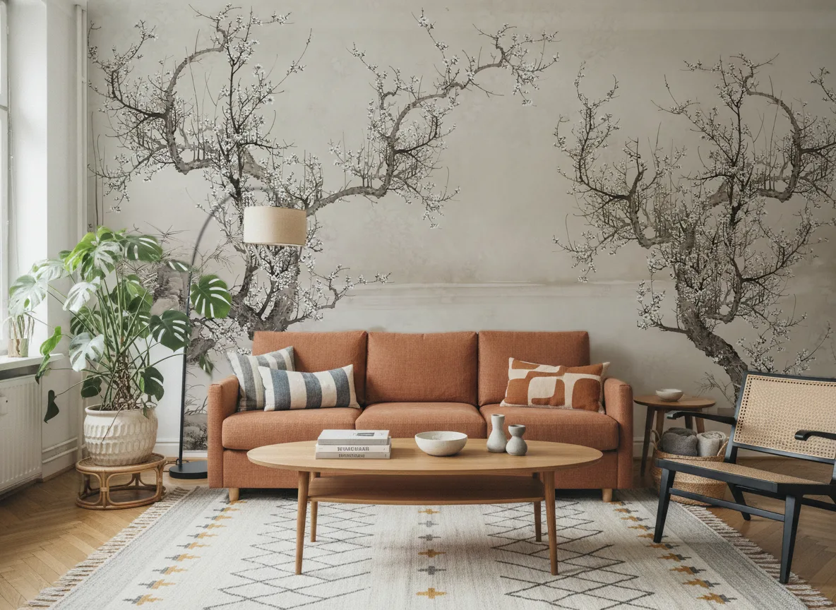 Ume — Salon z terakotową sofą