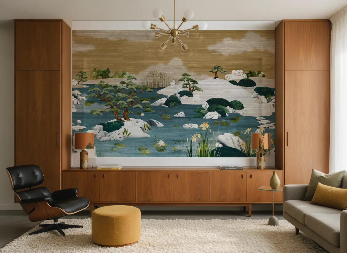 Adachi Exploration — Salon mid-century — ściana między tekowymi szafami