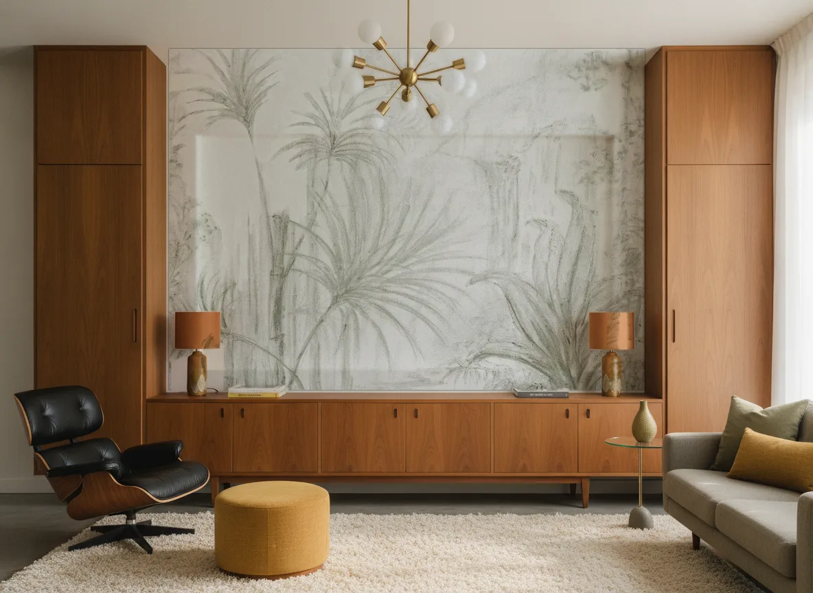Arille — Salon mid-century — ściana między tekowymi szafami