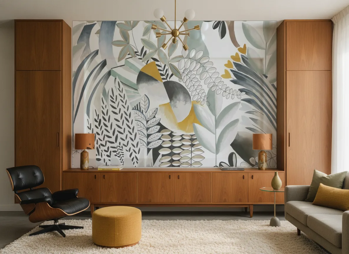 ARTEMIS Panoramas — Salon mid-century — ściana między tekowymi szafami