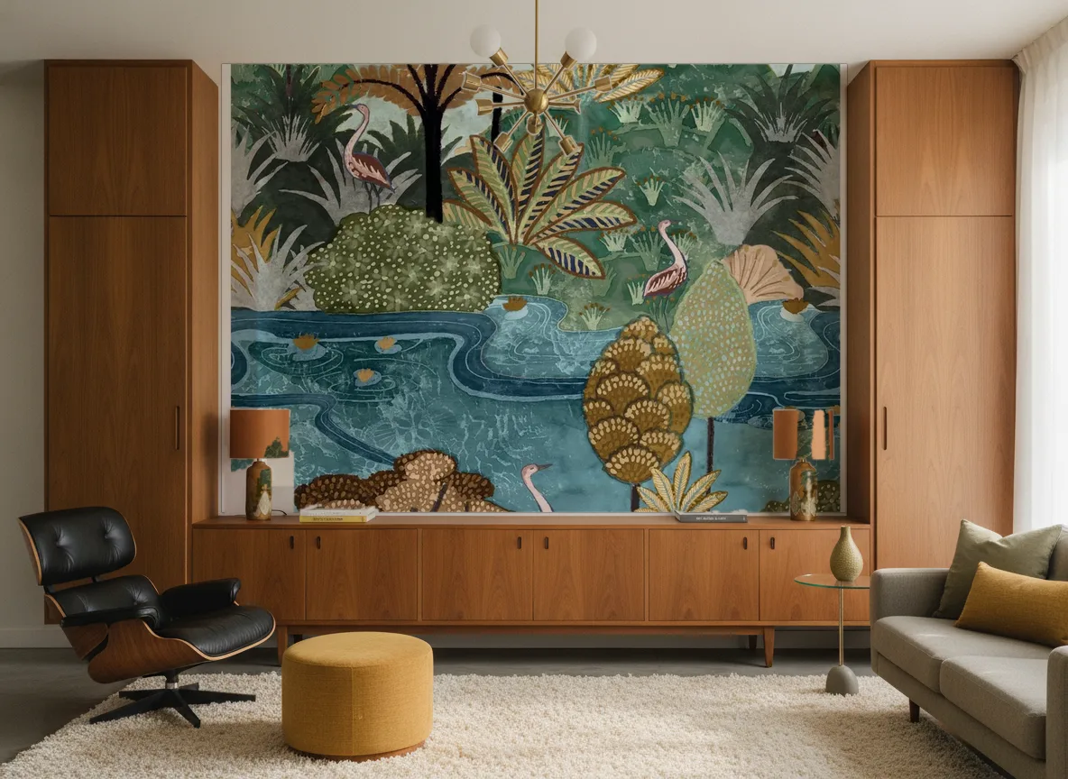 Aruba — Salon mid-century — ściana między tekowymi szafami