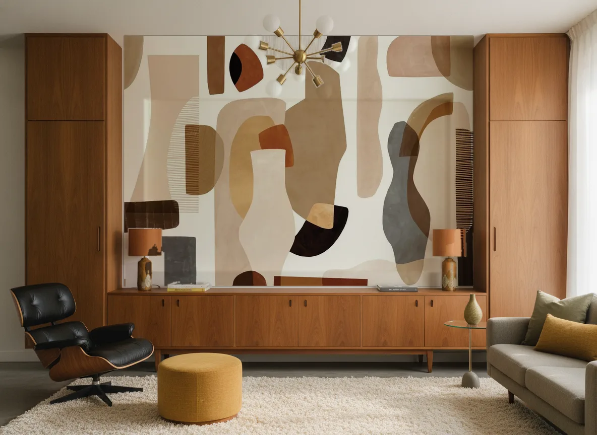 Audria — Salon mid-century — ściana między tekowymi szafami