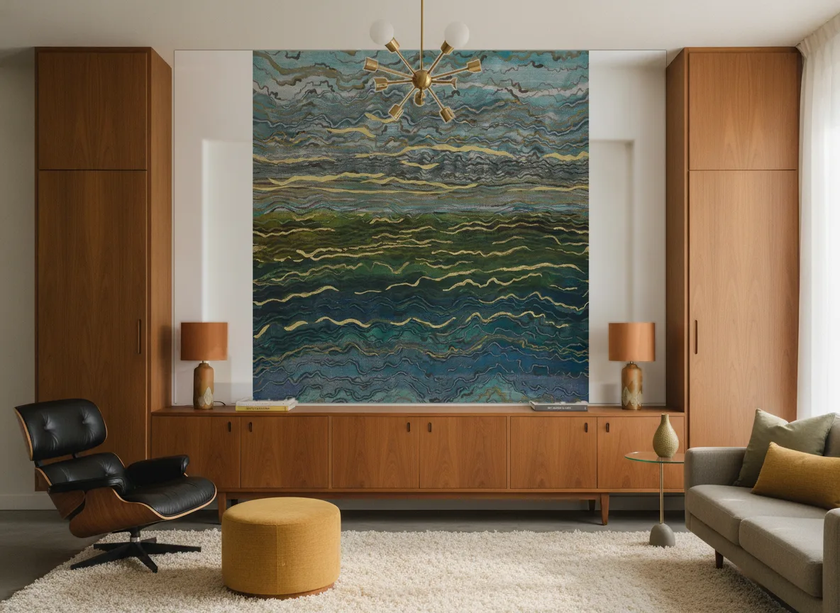 Azurite — Salon mid-century — ściana między tekowymi szafami