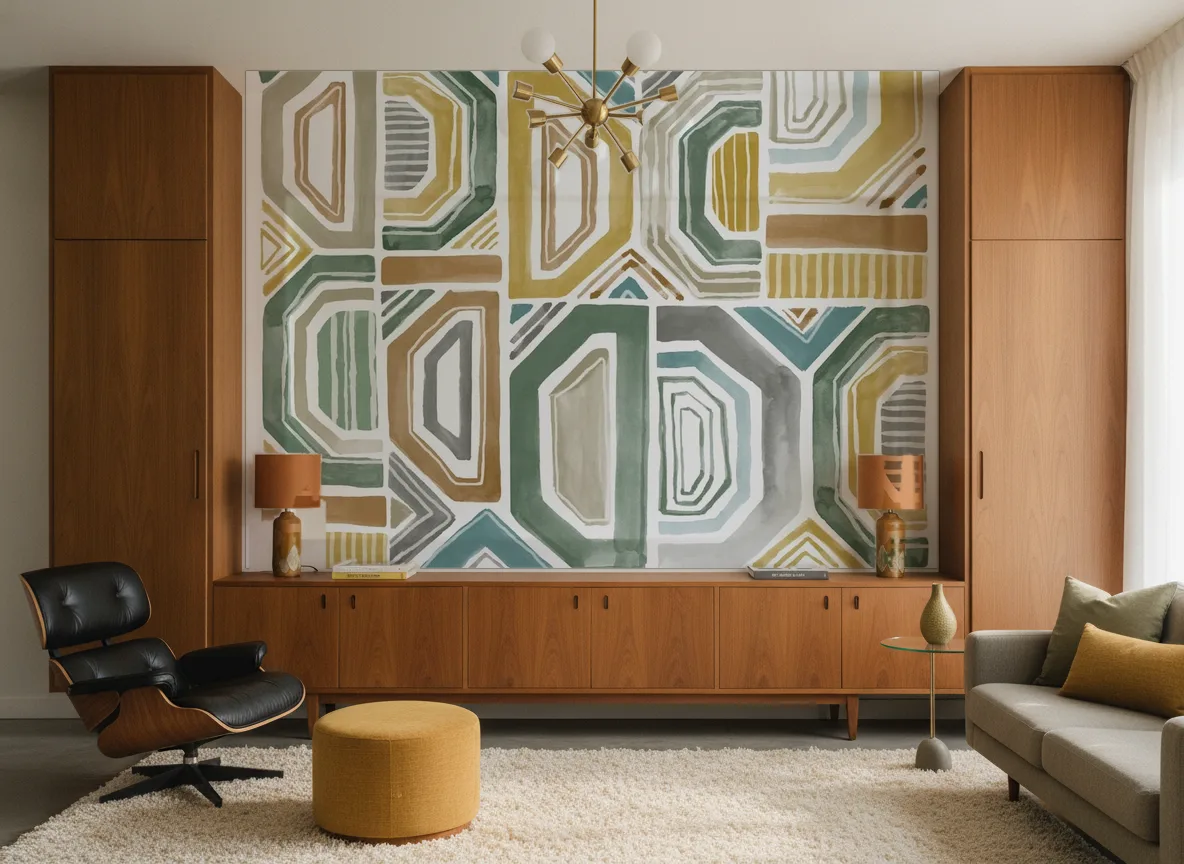Bogolan — Salon mid-century — ściana między tekowymi szafami