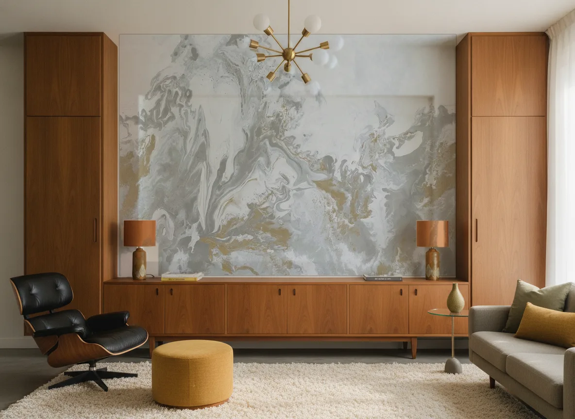 Calacatta — Salon mid-century — ściana między tekowymi szafami