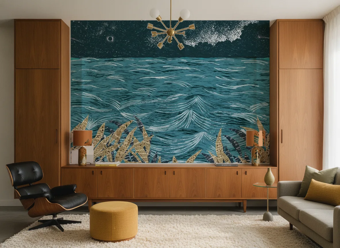 Callisto — Salon mid-century — ściana między tekowymi szafami