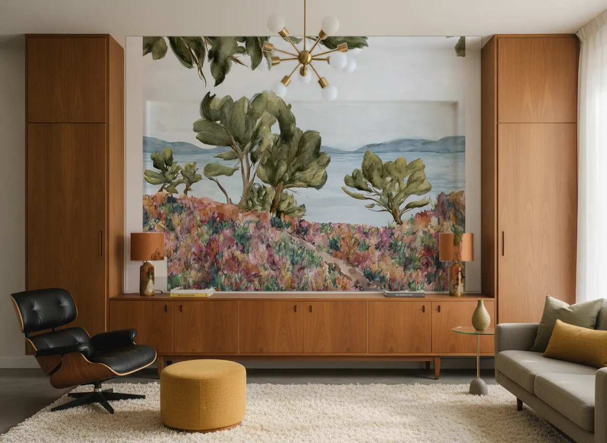 Cap Frehel Int — Salon mid-century — ściana między tekowymi szafami