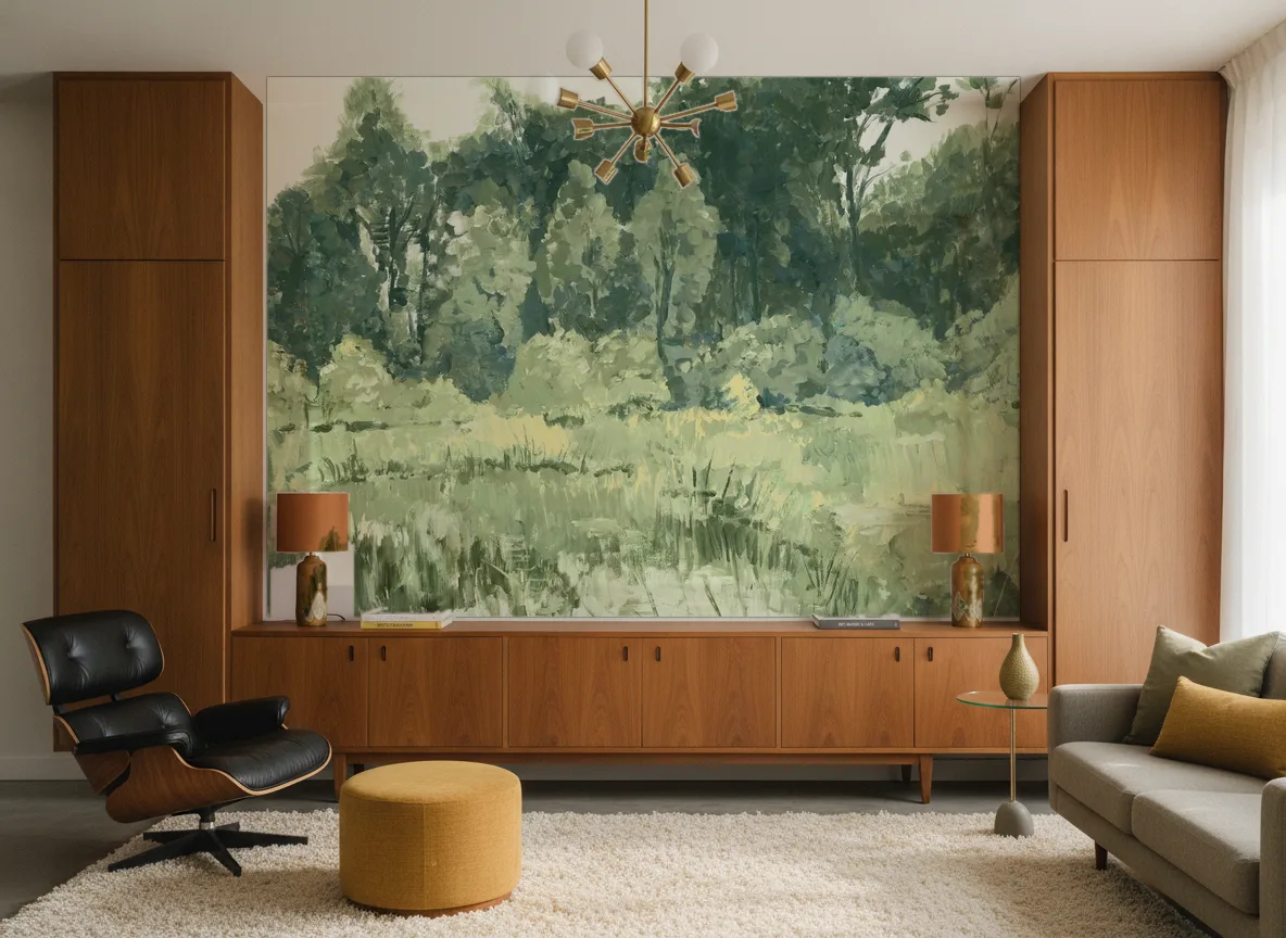 Colvert — Salon mid-century — ściana między tekowymi szafami