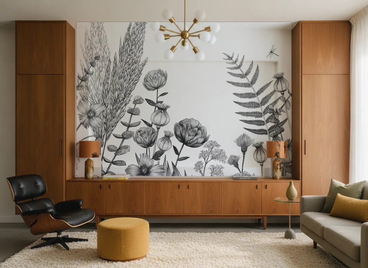 ELCOSION Panoramas — Salon mid-century — ściana między tekowymi szafami