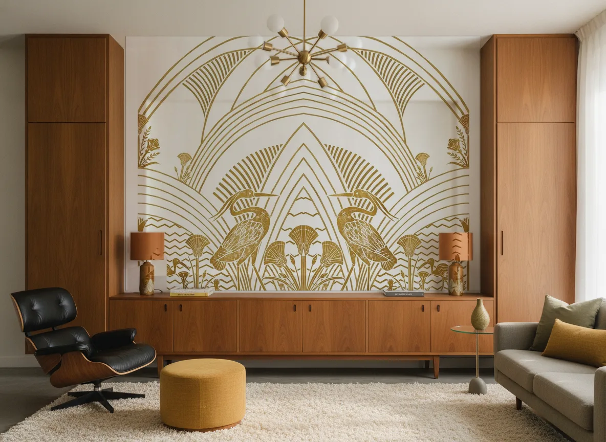 Elephantine — Salon mid-century — ściana między tekowymi szafami