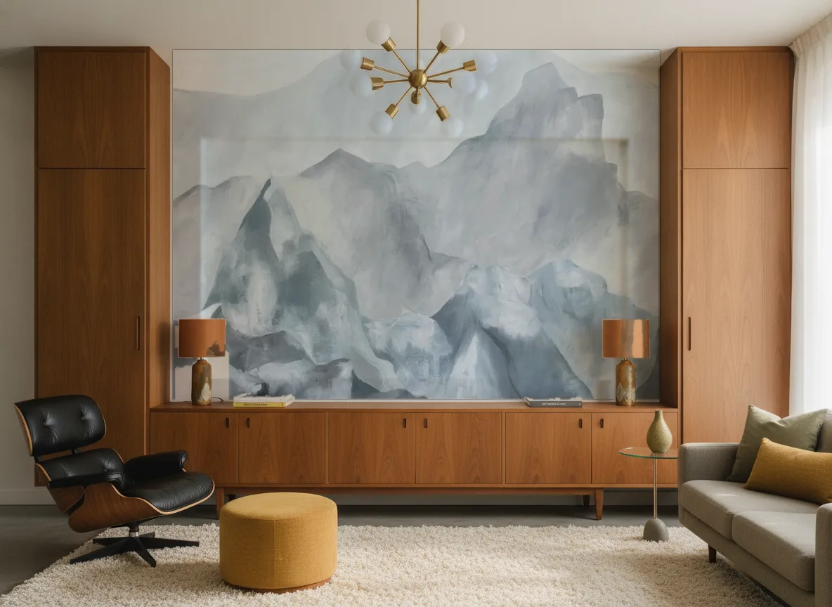 EVEREST Panoramas — Salon mid-century — ściana między tekowymi szafami