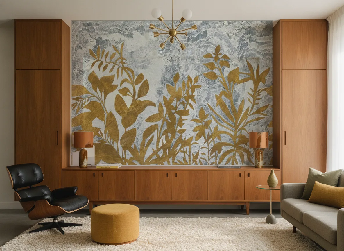 Fleur De Lune — Salon mid-century — ściana między tekowymi szafami