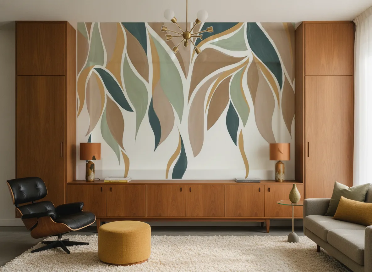 Gracilis — Salon mid-century — ściana między tekowymi szafami