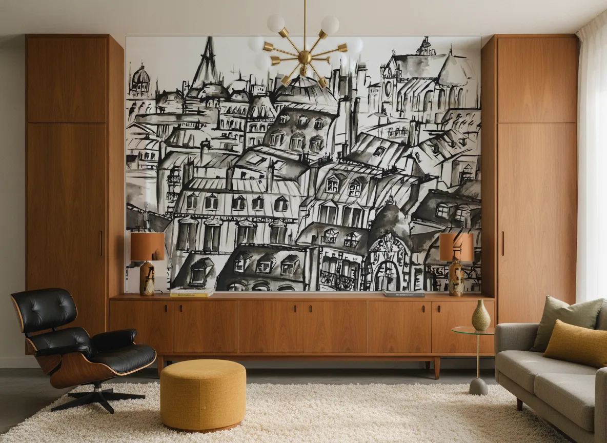 GRANDS BOULEVARDS Panoramas — Salon mid-century — ściana między tekowymi szafami