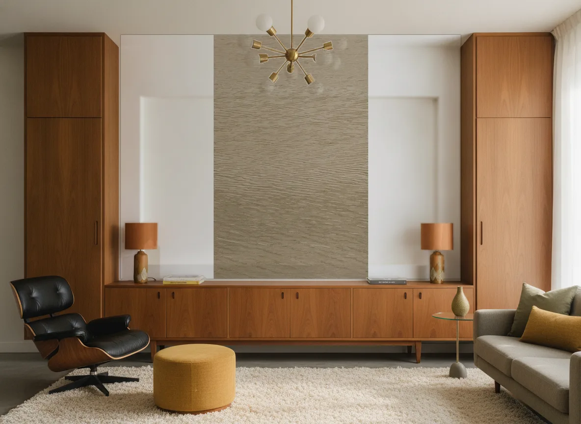 Hamana — Salon mid-century — ściana między tekowymi szafami