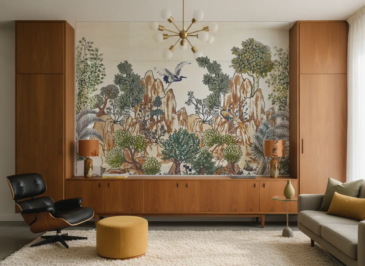 Hang Mua — Salon mid-century — ściana między tekowymi szafami