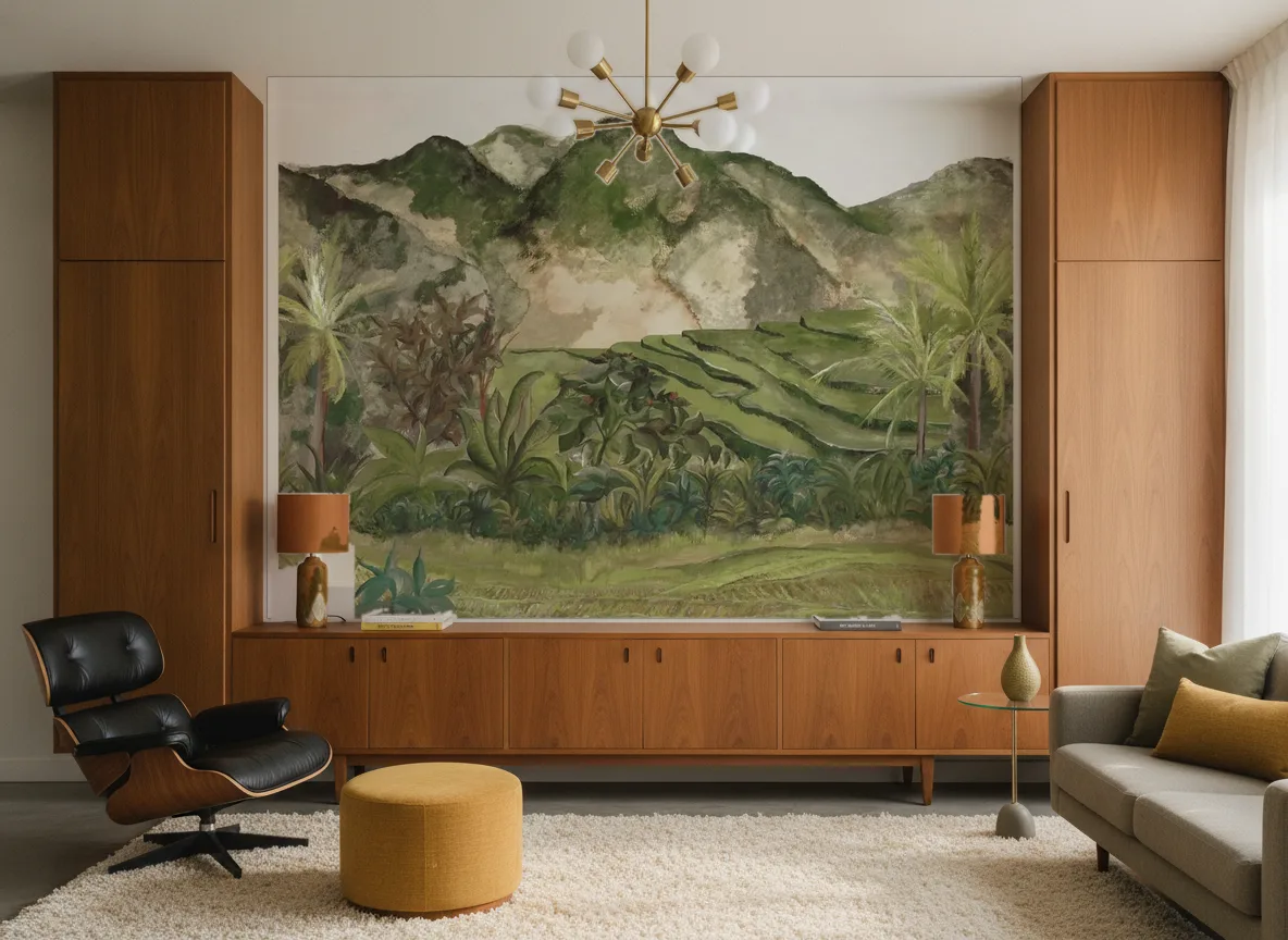 Hapao — Salon mid-century — ściana między tekowymi szafami