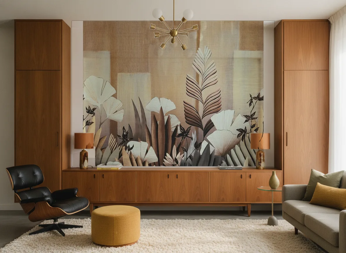 Icho — Salon mid-century — ściana między tekowymi szafami