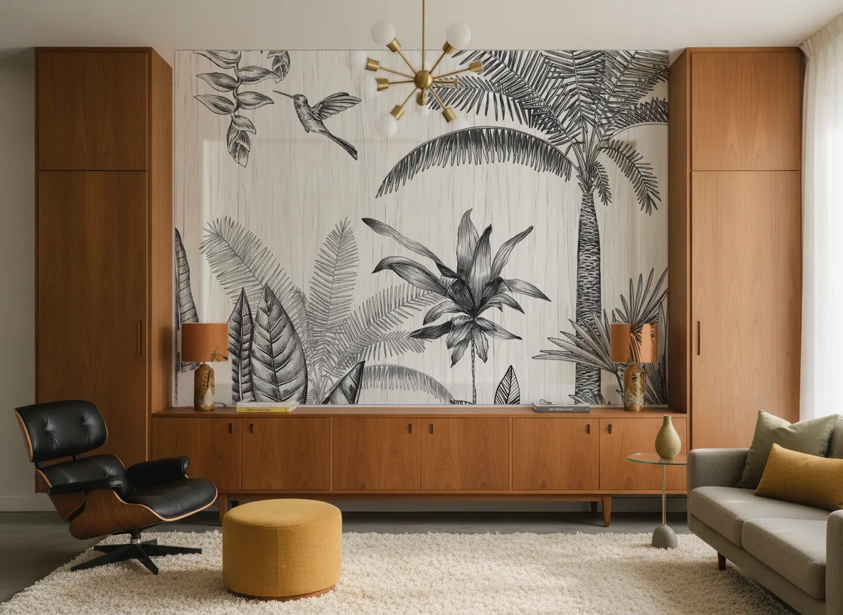 IPANEMA Panoramas — Salon mid-century — ściana między tekowymi szafami