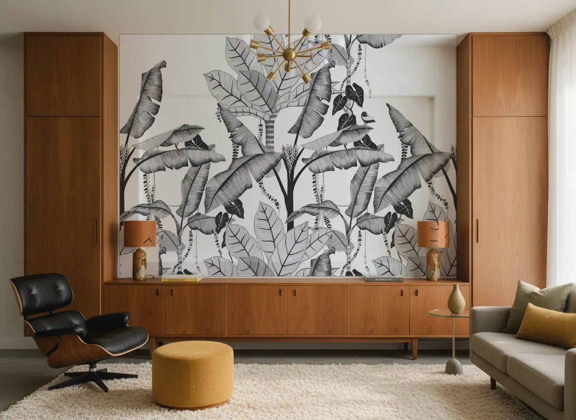 JANGALA Panoramas — Salon mid-century — ściana między tekowymi szafami