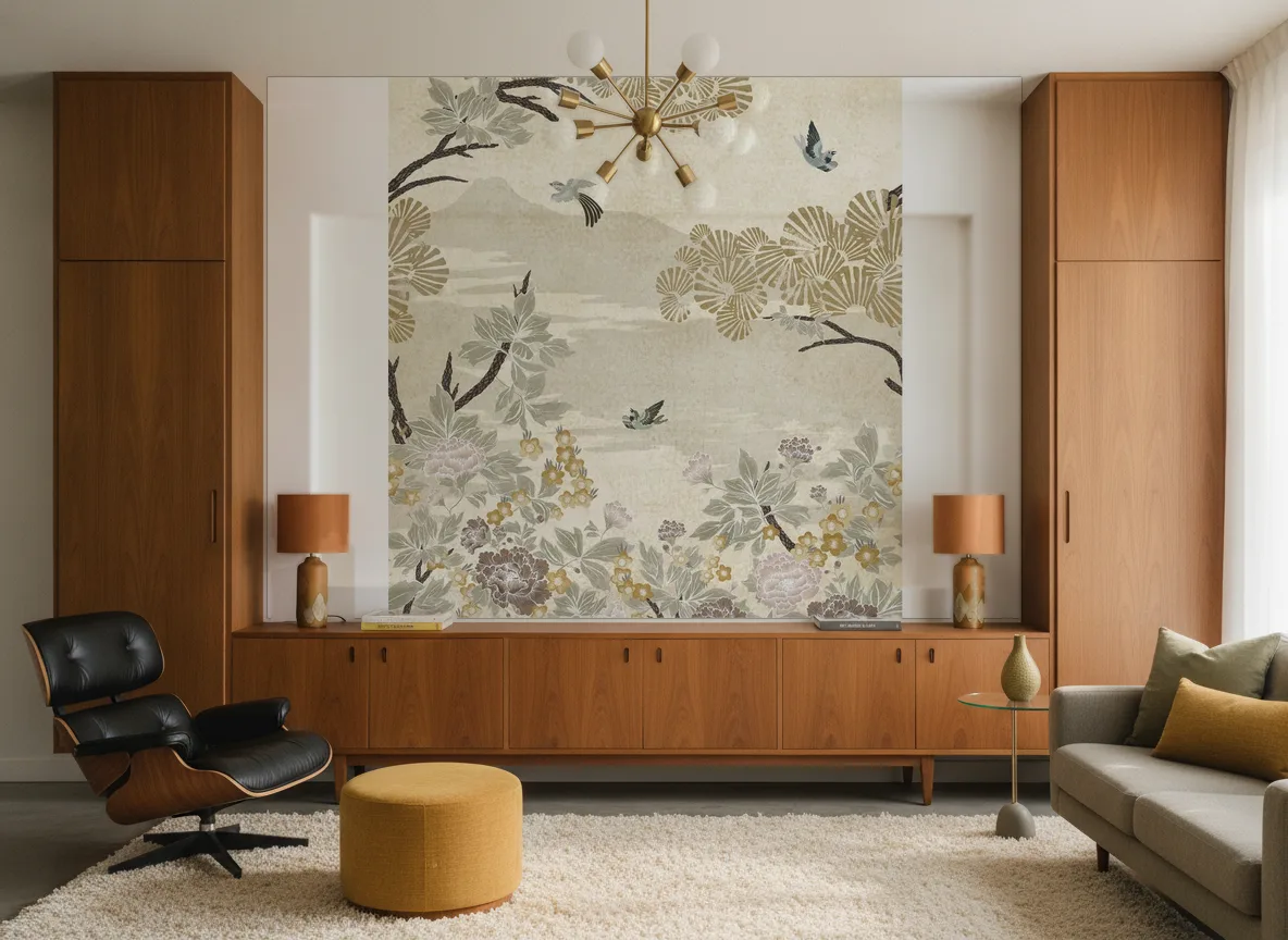 Kanasai — Salon mid-century — ściana między tekowymi szafami