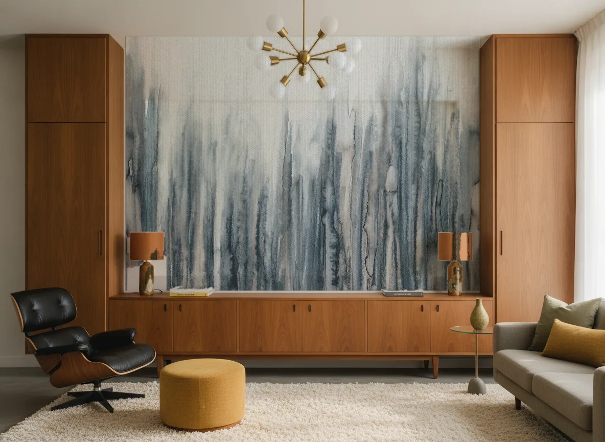 KEYSTONE Panoramas — Salon mid-century — ściana między tekowymi szafami