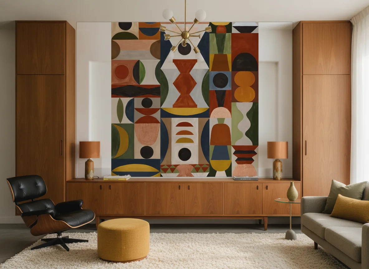 L'Atelier — Salon mid-century — ściana między tekowymi szafami