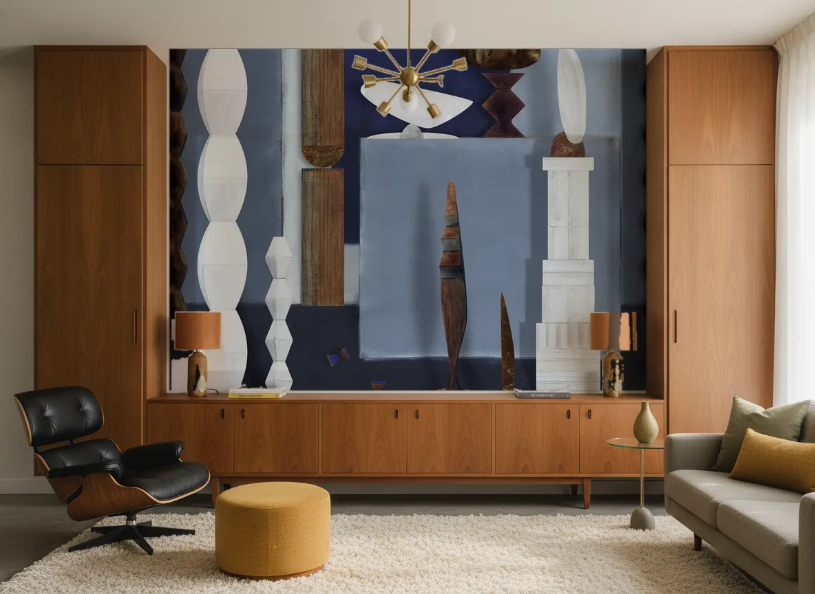 L'atelier De Brancusi — Salon mid-century — ściana między tekowymi szafami