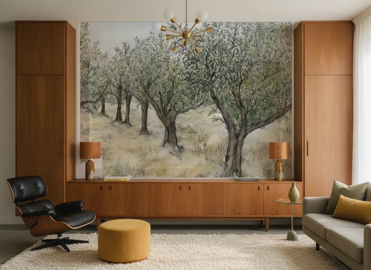 Lauris — Salon mid-century — ściana między tekowymi szafami