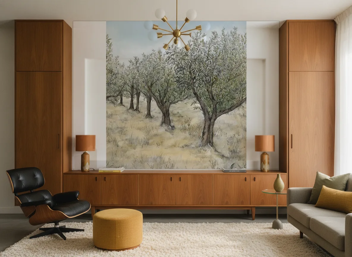 Lauris Int — Salon mid-century — ściana między tekowymi szafami