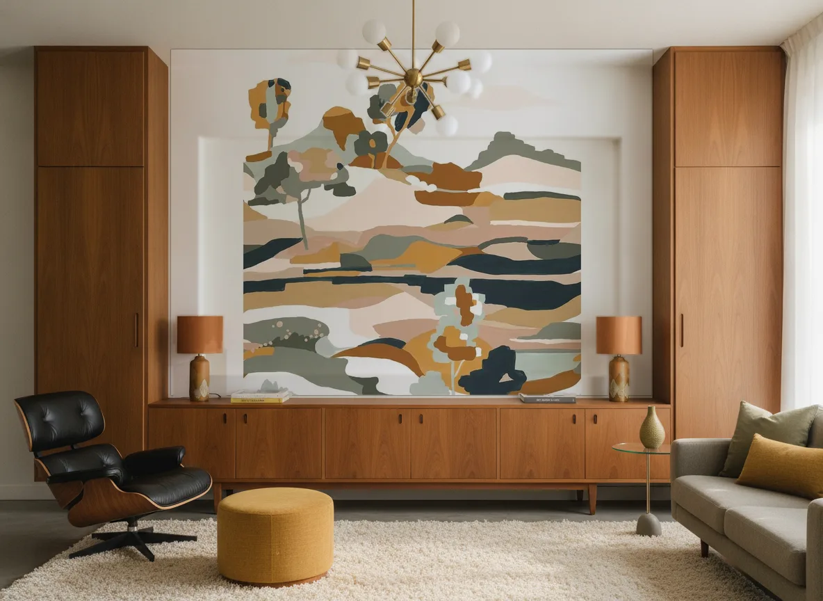 Le Bassin — Salon mid-century — ściana między tekowymi szafami