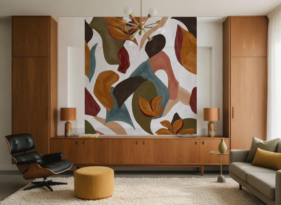 Mambo — Salon mid-century — ściana między tekowymi szafami